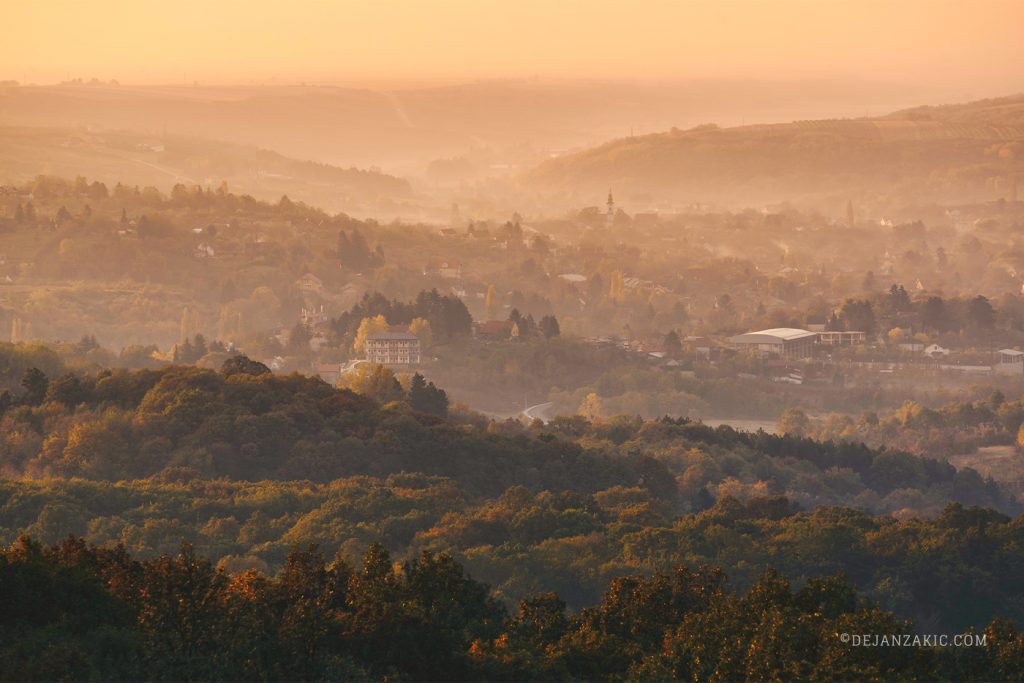 Golden morning light over rolling hills