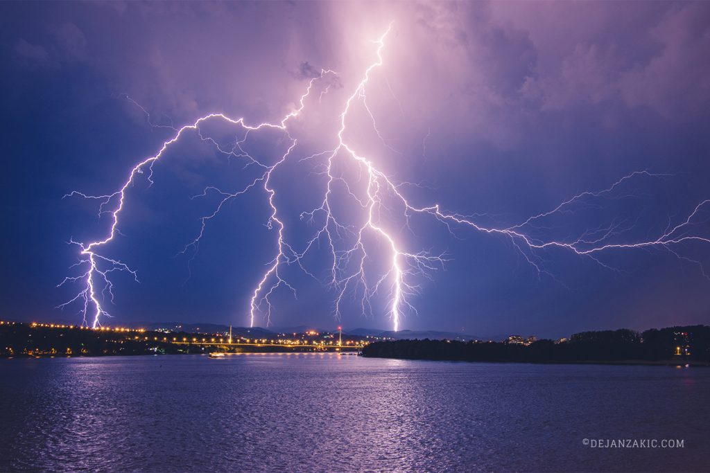 Lightning storm over the city and the river