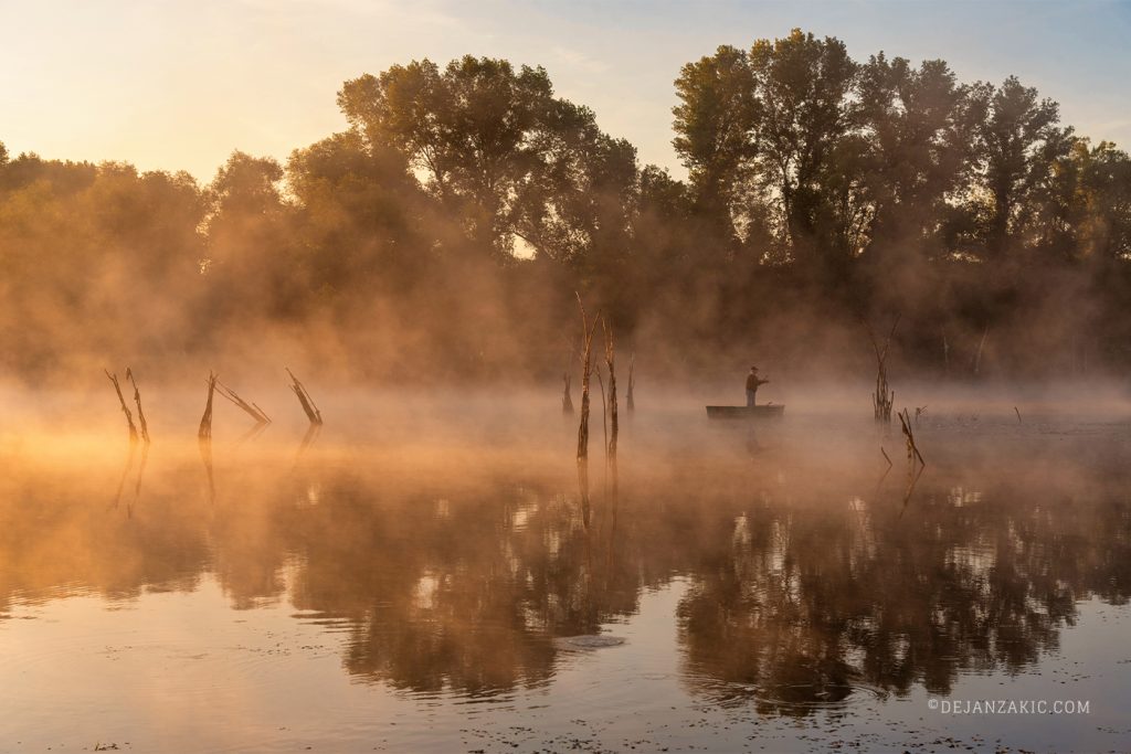 Misty sunrise over a calm lake with trees reflected in the water